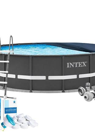 Каркасний басейн intex 26334-6, 610 х 122 см (басейн, підстилка, драбина, альгенікс, хлор таблетки, тент)