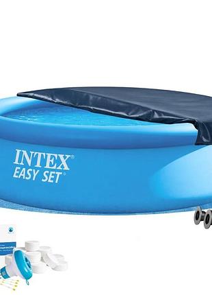 Надувний басейн intex 28130-6в1, 366 х 76 см (басейн, підстилка, насос, альгенікс, хлор таблетки, тент)