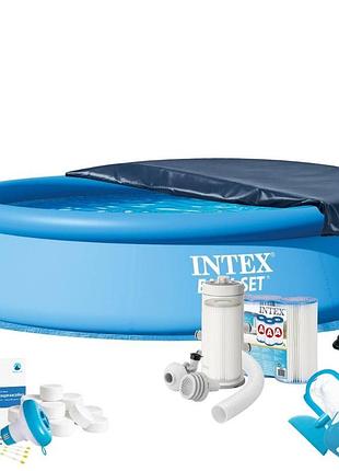 Надувний басейн max intex 28143-10в1, 396 х 84 см (басейн, підстилка, насос, фільтр 3 785 л/год, картриджі, альгенікс, хлор