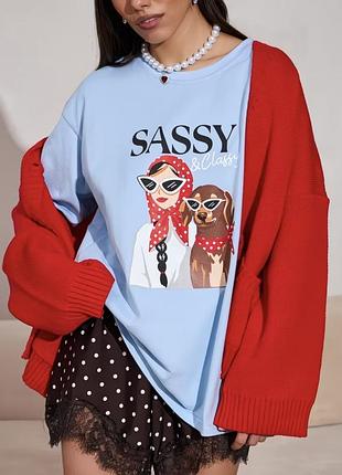 Жіноча футболка оверсайз sassy, блакитна, 100% бавовна, з принтом