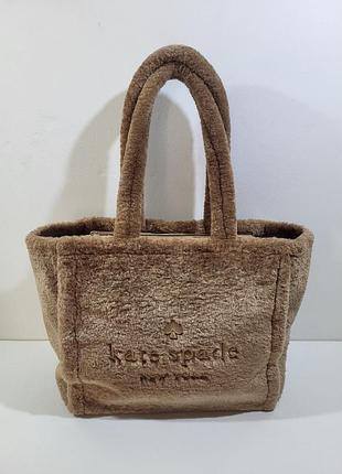 Меховая сумка тоут kate spade ellie faux fur small tote оригинал коричневая плюшевая тедди из экомеха пушистая брендовая маленькая