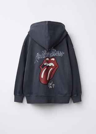 Антрацитово-серое худи зипка с эффектом потёртости rolling stones