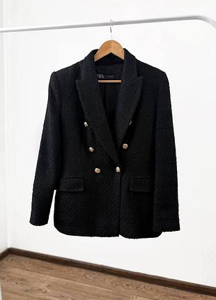 Чорний двобортний твідовий піджак zara s/m