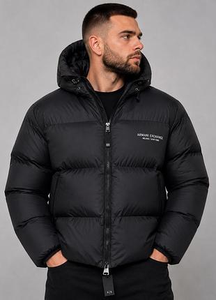 Чоловічий зимовий пуховик armani exchange чорний з капюшоном пухова куртка