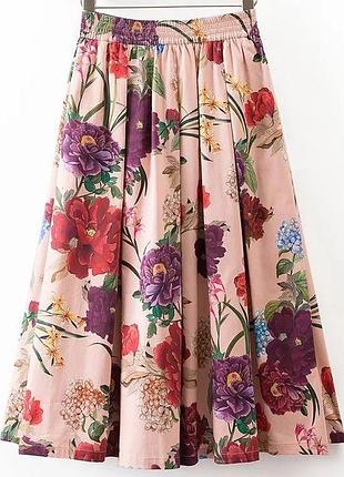 Розовая хлопковая миди юбка в гортензии от zara s 36 р