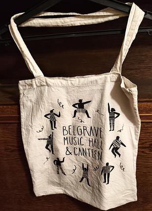 Бежевая котоновая сумка-шоппер с черным принтом «belgrave music hall &amp; canteen» від немецкого бренду bags by jassz.