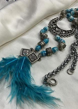 🌙 🕊️💎 этнический boho-сотуар «moonlight &amp; feathers» с клубникой, голубыми-мармюровыми бусинами и перьями 🩵 🪶🌙