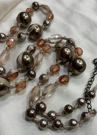 🤎📿🏺 винтажное объемное текстильное ожерелье в стиле boho / safari с перламутрово-бронзовыми и янтарными бусинами 🏺📿🤎