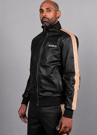 Mr. riegillio р. xl спортивний костюм шкіряний чорний чоловічий з натуральної шкіри оригінал з коричневими полосами байкерський стиль
