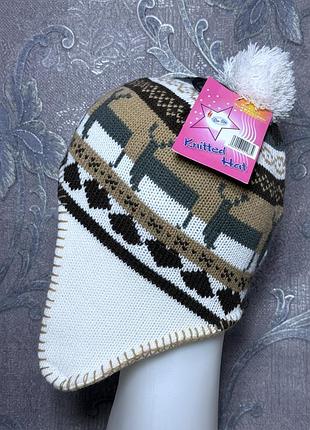 Новая детская зимняя шапка ушанка чульо для девочки one size 3-7 лет голова 50-54 см тепла стильная подкладка флис помпон детские зимние головные убор 2