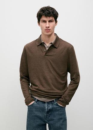 Чоловіче коричневе лляне поло з довгим рукавом, джемпер з льону massimo dutti