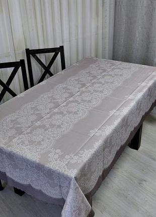 Скатерть турецкая 150х220 см на кухонный стол новая прямоугольная полиэстер 100% практичная с кружевом бежевая качественная ухоженная