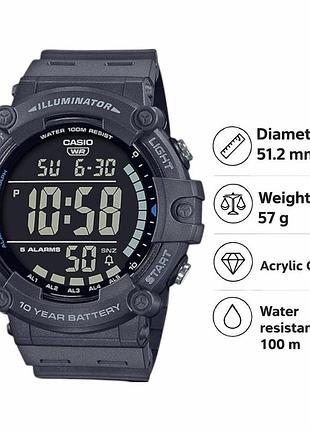 Casio ae-1500wh-8b — мужские цифровые часы, серый циферблат, полимерный ремешок, wr 100 м