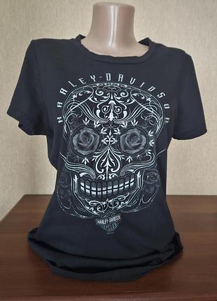 Оригинальная женская футболка harley-davidson с эффектным принтом черепа (sugar skull)