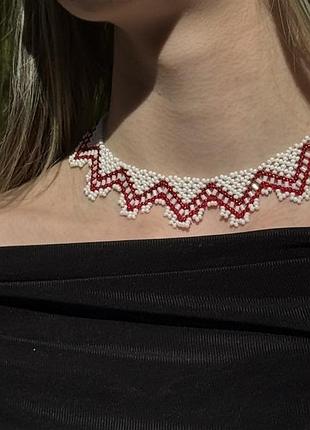 Силянка біло - червона на завʼязках з чеського бісеру handmade чокер з бісеру гердан