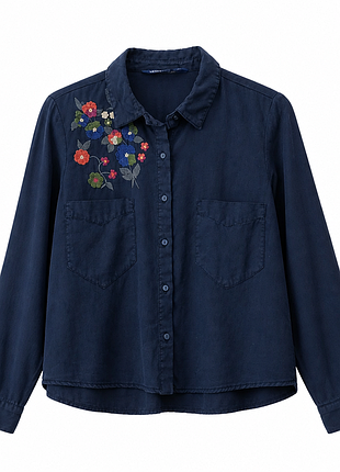 Черная рубашка zara basic с цветочной вышивкой