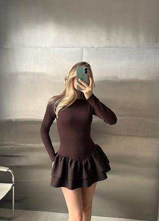 Шоколадное коричневое платье-комбинезон с рюшами 
 в стиле zara