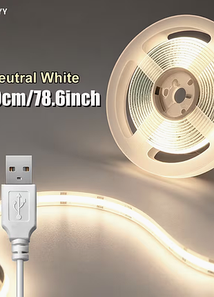 Гибкая светодиодная cob led лента с usb 5v 200 см нейтральный белый