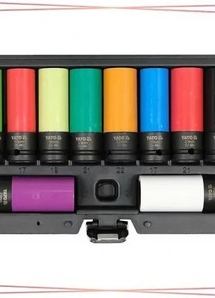Головки торцеві ударні yato квадрат 1/2" м15-24 мм довжина 87 мм cr-mo для литих дисків 10 од. sku_yt-10564