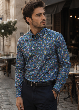 Красива сорочка синього кольору у квітковий принт dressmann slim fit made in bangladesh