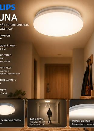 Потолочный led-светильник philips acuna 12w 1350 лм 2700k warm white с датчиком движения, ø24,5 см, ip20