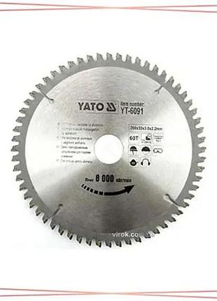 Диск пиляльний по алюмінію yato 200х30х3.0 60 зубців до 8000 об/хв для професійних інструментів sku_yt-6091