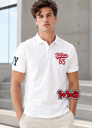 🎁1+1=3 фирменная белая мужская футболка поло хлопок tommy hilfiger оригинал, размер 44 - 46