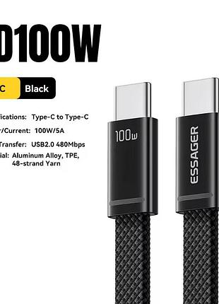 Кабель essager 100w es-x85 type-c to type-c 5a pd з нейлоновим обплетенням 0.25 метра