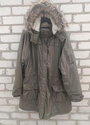 Теплая куртка-парка janina хаки с капюшоном и мехом / батал р. 56 (xxl-3xl)