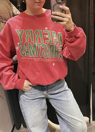 Червоний жіночий світшот zara новорічний зимовий різдвяний светр