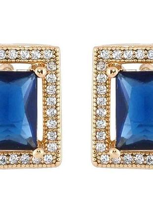 Серьги позолота 18k пусеты «синие фианиты в обрамлении циркония» 11х13мм (221450) тм xuping