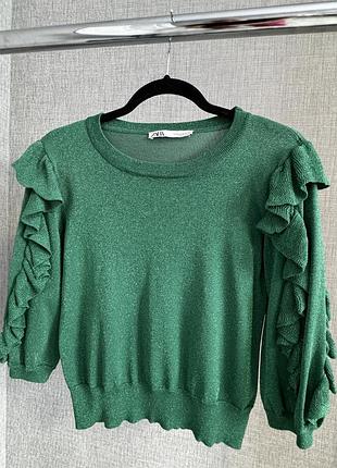 Джемпер zara з воланами, зелений, р. m