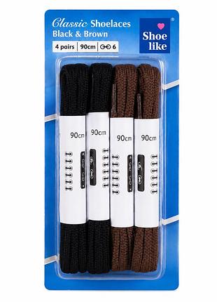 Набір шнурків для взуття, чорні та коричневі, 90 см, 4 пари — shoe like classic shoelaces