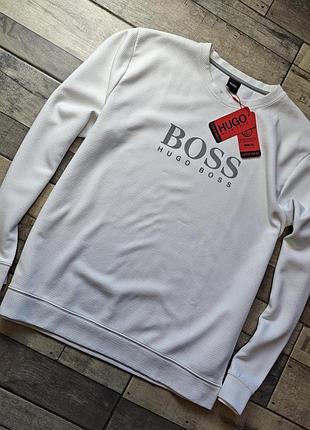 Чоловічий стильний білий світшот (лонгслів) hugo boss з текстурованим візерунком тканини та великим логотипом на грудях розмір xxl