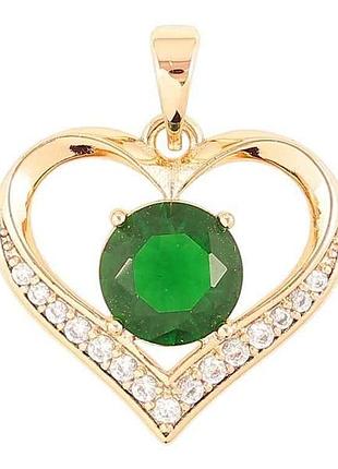 Кулон позолота 18k «сердечко с зеленым фианитом и цирконом» для цепочки до 5мм (262310) тм xuping
