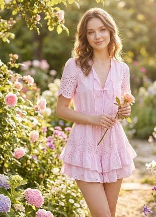 Ромпер нежно розового цвета с рюшами,на завязках и резинкой на талии 🌸