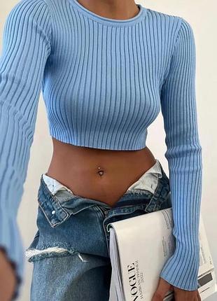 Укороченный голубой топ в рубчик с длинным рукавом размер с zara