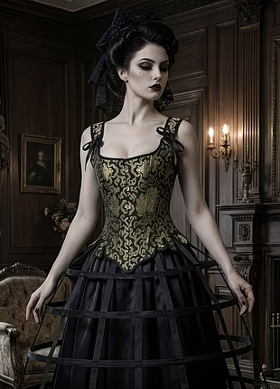 Жіночий чорний принтований корсет із золотими візерунками із жакарду в стилі барокко