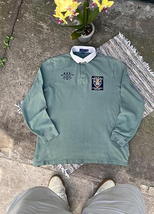 Вінтажна зелена регбійка polo ralph lauren поло з довгим рукавом з маленькими вишитими логотипами