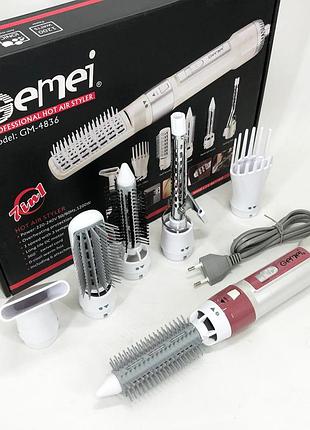 Фен-стайлер для сушки волос gemei gm-4836 7 в 1, фен с режимом объемной укладки, мощный фен расческа kc-46