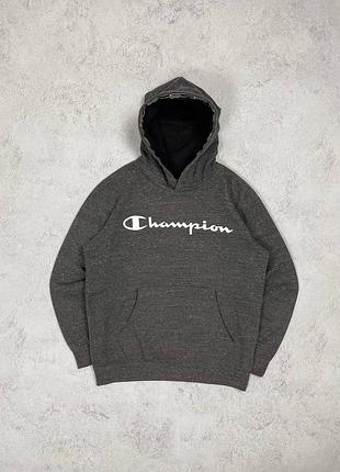Сіре худі champion з лого на грудях, логотип, оригінал, чемпіон, графітовий, меланж