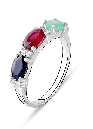 Срібне кільце komilfo з натуральним сапфіром 1.853ct, смарагдом, рубіном, вага виробу 2,51 г (2076001) 18 розмір 2.44, 17.5