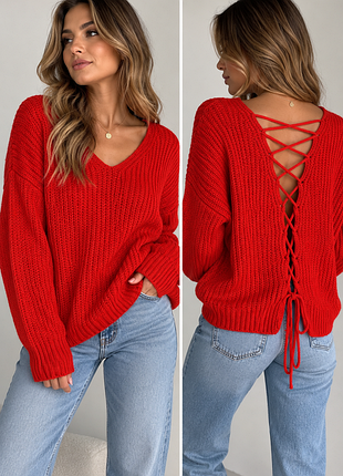 Женский вязаный свитер forever 21 красный с шнуровкой на спине