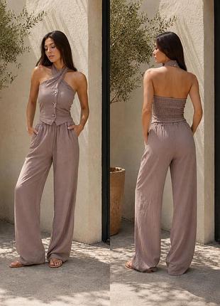 Лляний костюм бежевий  xs/s лляні штани лляний  топ one by one papaya cher17 топ