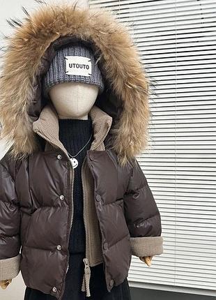 Стильная детская куртка для холодной осени и еврозимы для мальчика цвет коричневый 10978, размер 140