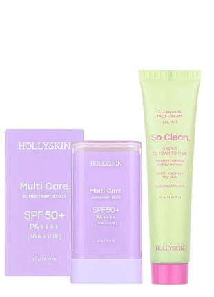 Набор для лица hollyskin - солнцезащитный сток multi care. spf 50+й очищающий крем so clean 40 мл