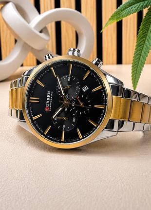 Чоловічий наручний годинник curren 8446 silver-gold-black з хронографом та сталевим браслетом 3