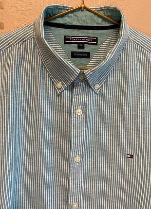 Рубашка tommy hilfiger (лен/хлопок), в бело-зеленую полоску xl, идеальное состояние