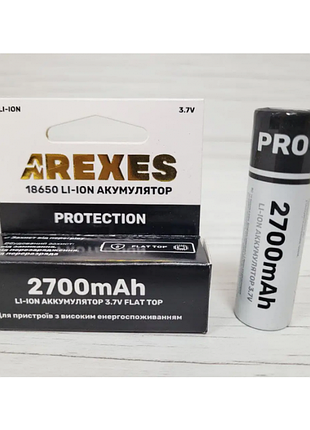 Літій-іонний акумулятор arexes 18650 li-ion 2700 mah, 3.7v захист чорний
