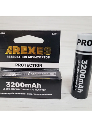 Літій-іонний акумулятор arexes 18650 li-ion 3200 mah, 3.7v захист чорний